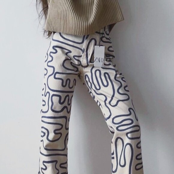 ZARA High-Rise Squiggle Graffiti Straight-Leg Jeans X Small Y2K 24 Waist 🌀✨ - Picture 1 of 12